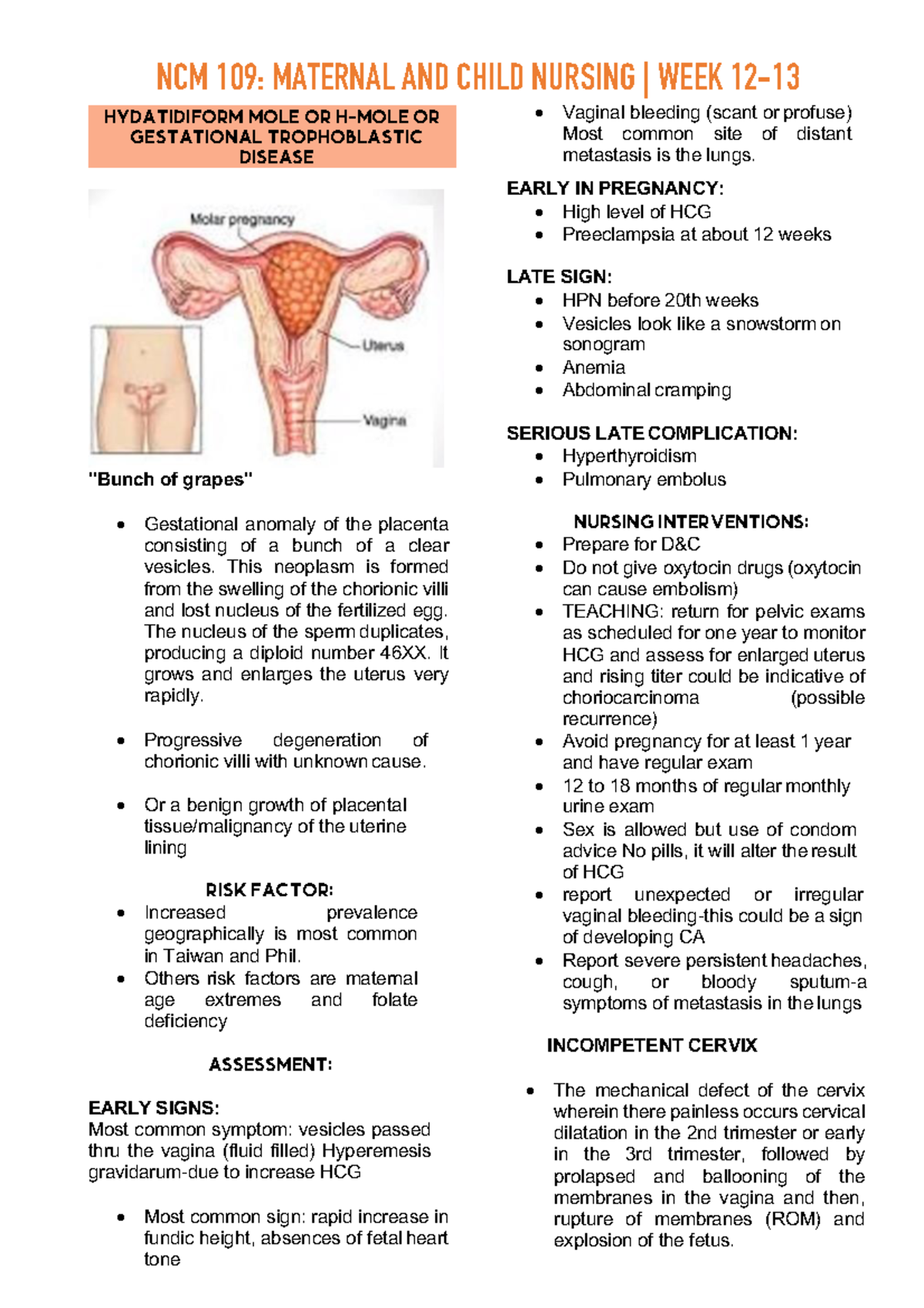 NCM-109 WEEK-12-13 - i hope it helps - HYDATIDIFORM MOLE OR H-MOLE OR ...