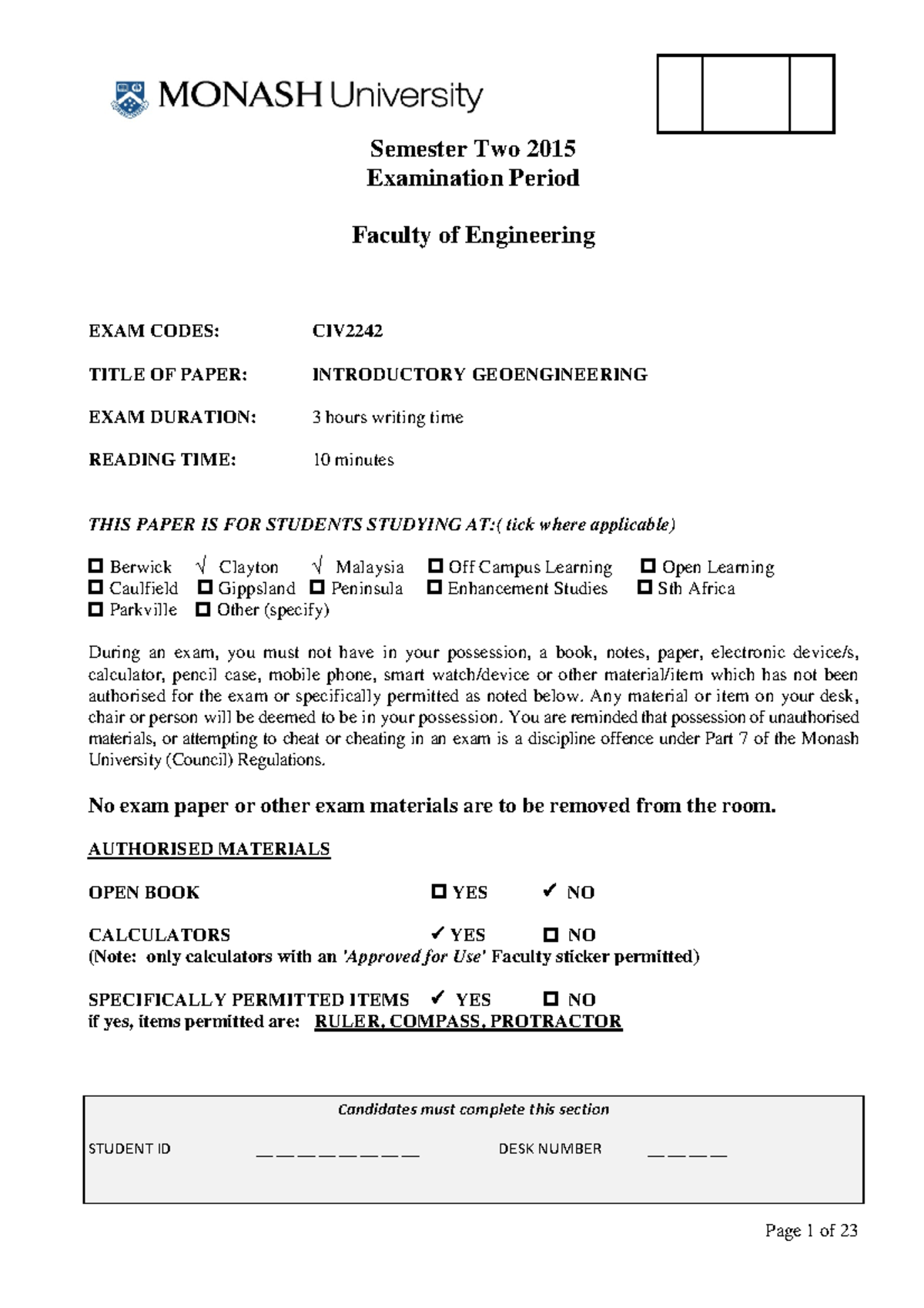 Final Exam 2015, questions - Semester Two 2015 Examination Period ...