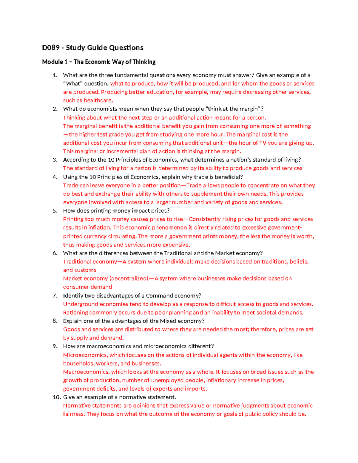 D089 Study Guide - D089 - Study Guide Questions Module 1 – The Economic ...