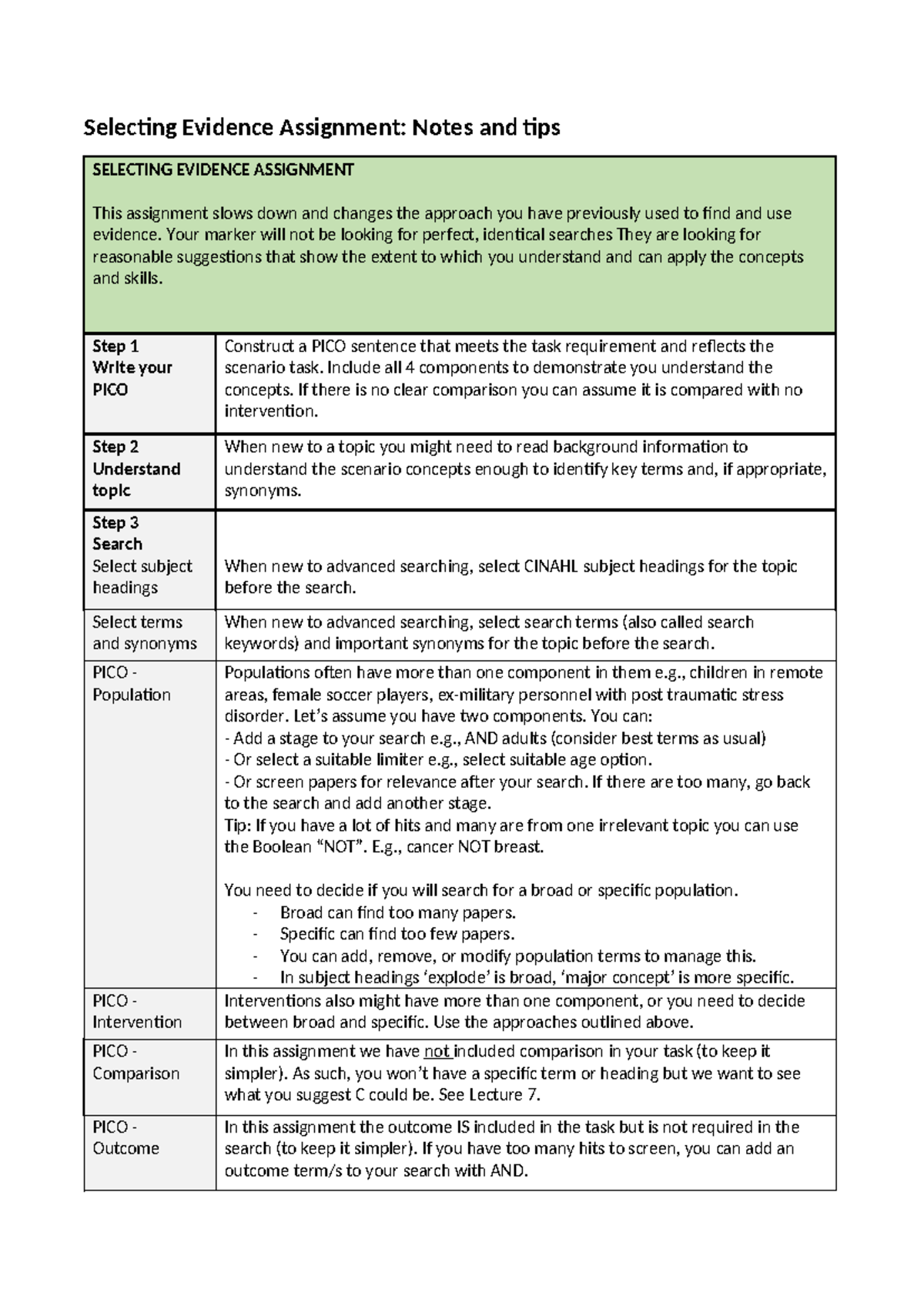 Tips and notes for Evidence Selection Assignment - Selecting Evidence ...