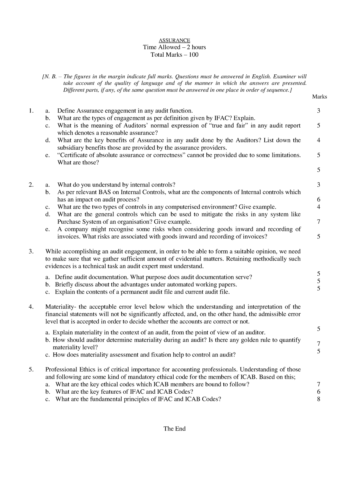 Assurance - ASSURANCE Time Allowed – 2 Hours Total Marks – 100 [N. B ...