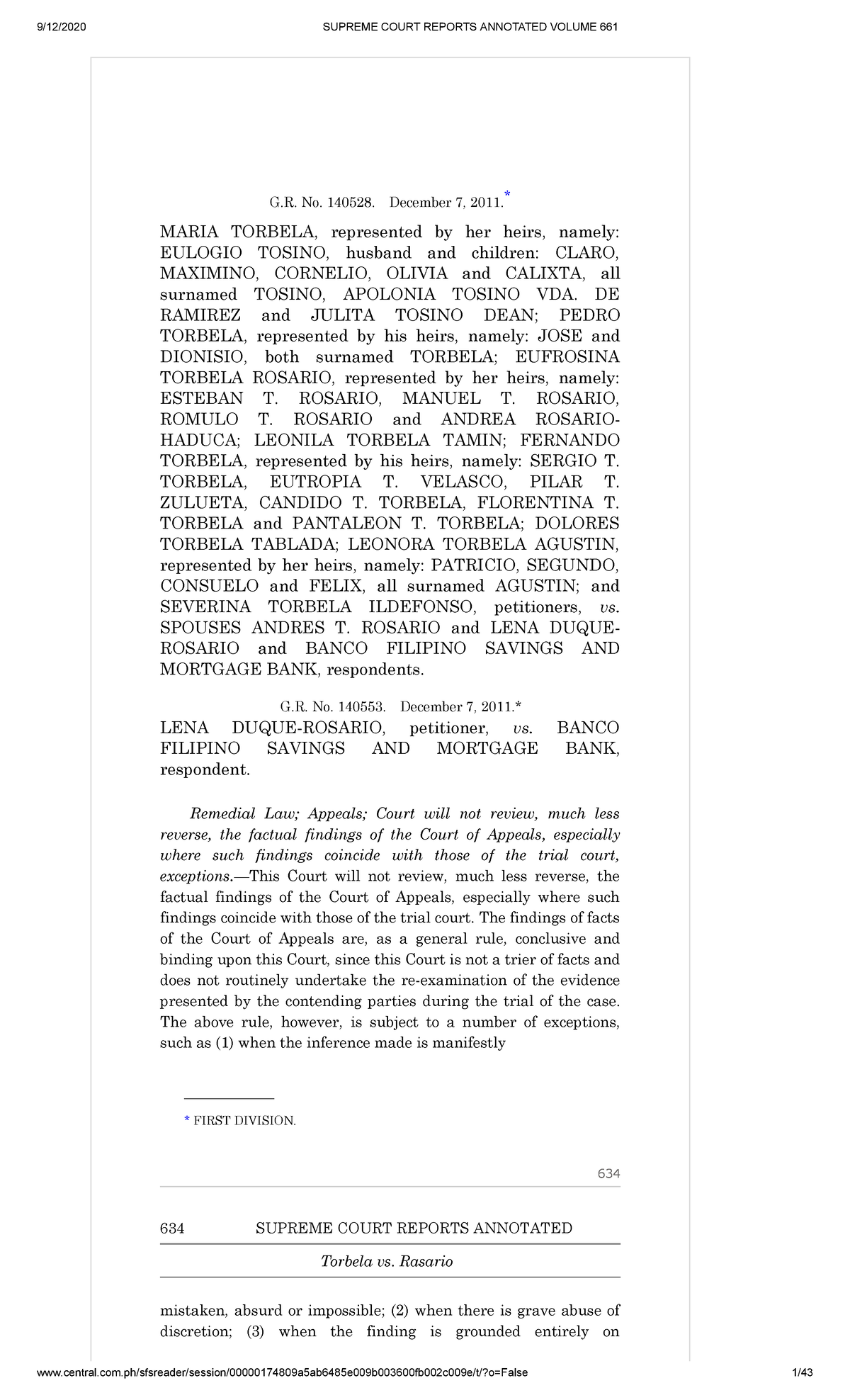 Torbela vs Rasario - CASE REFERENCE - G. No. 140528. December 7, 2011 ...