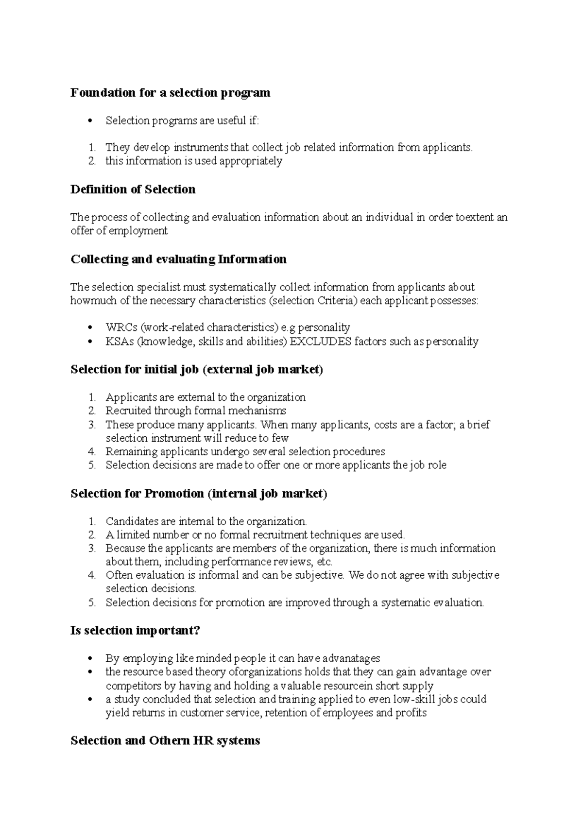 MGMT2050 week 1 - Lecture notes 1 - Foundation for a selection program ...