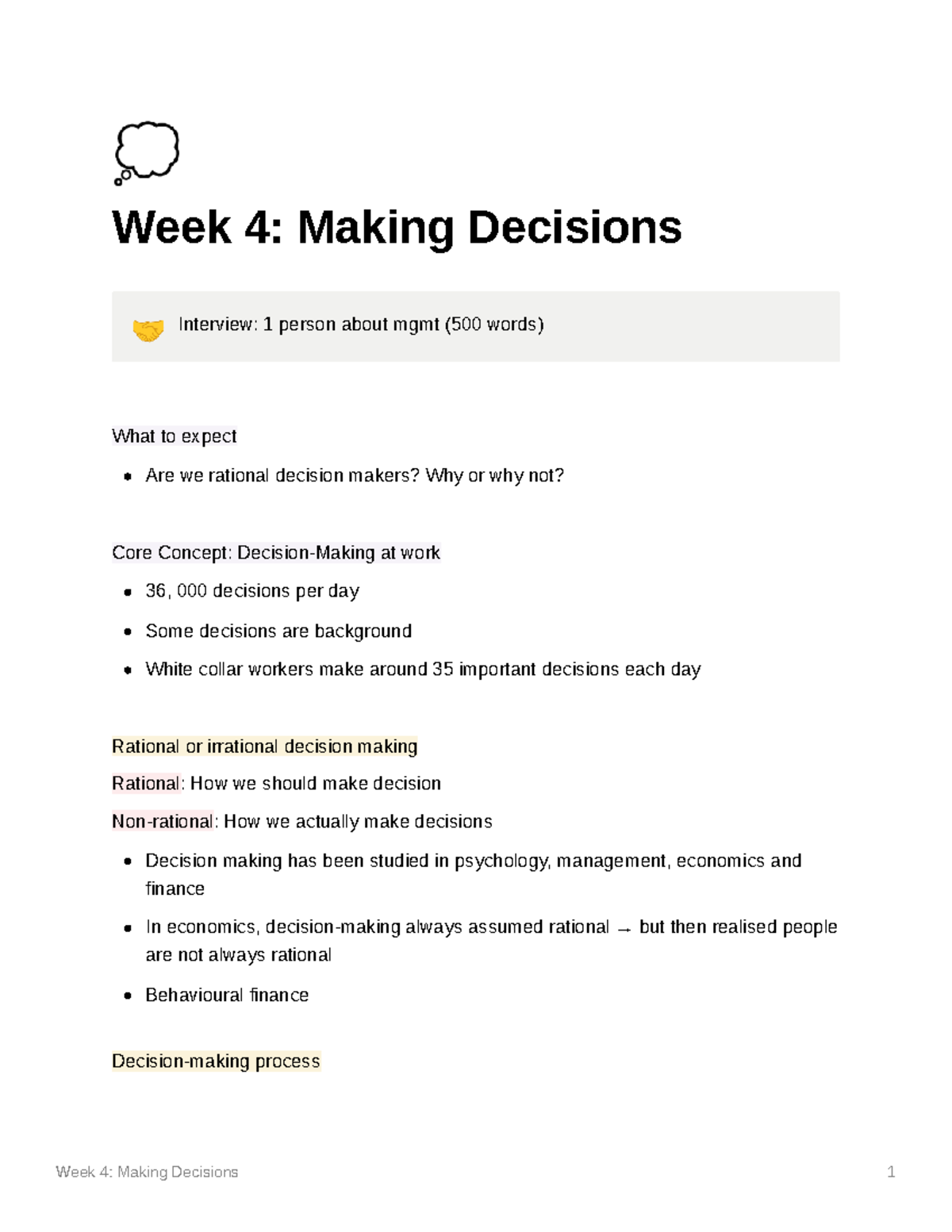 Week 4 Making Decisions - Week 4: Making Decisions M Interview: 1 ...