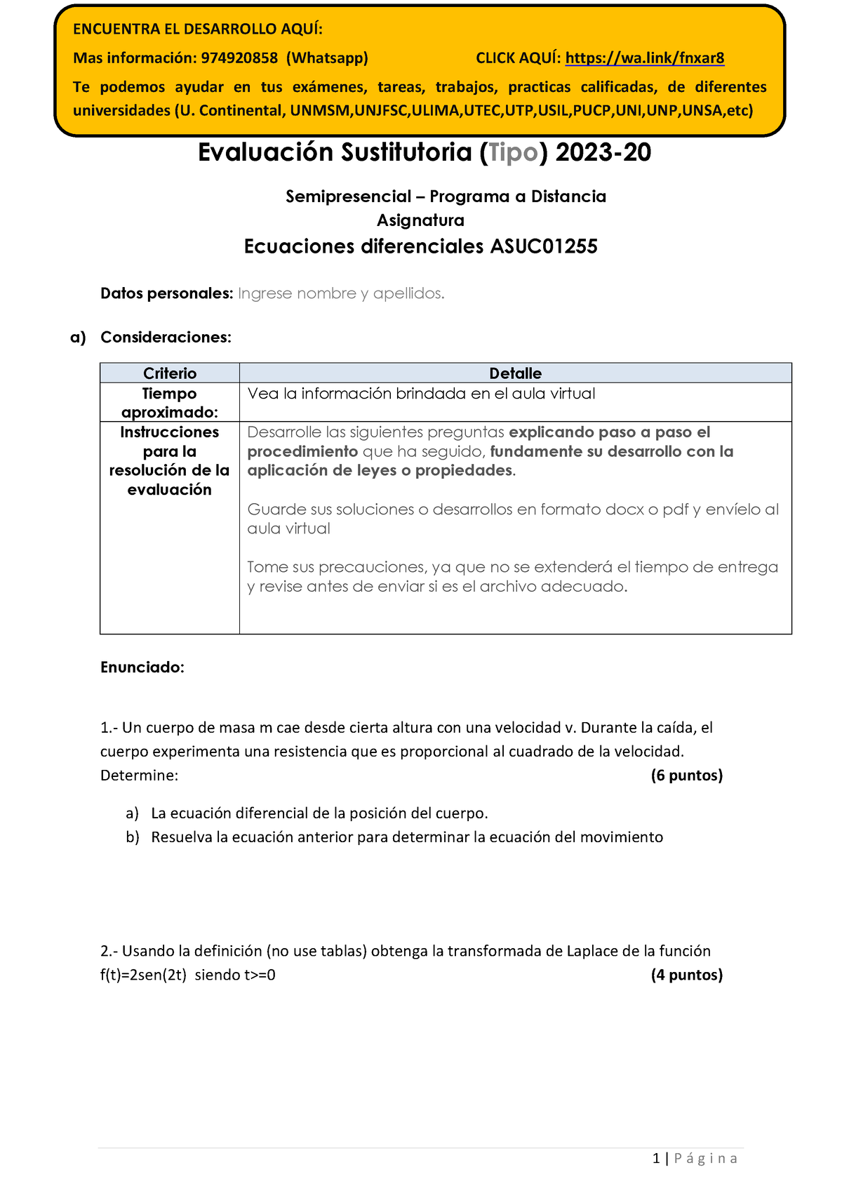 Evaluación Sustitutoria Ec Diferenciales - 1 | P á G I N A Evaluación ...