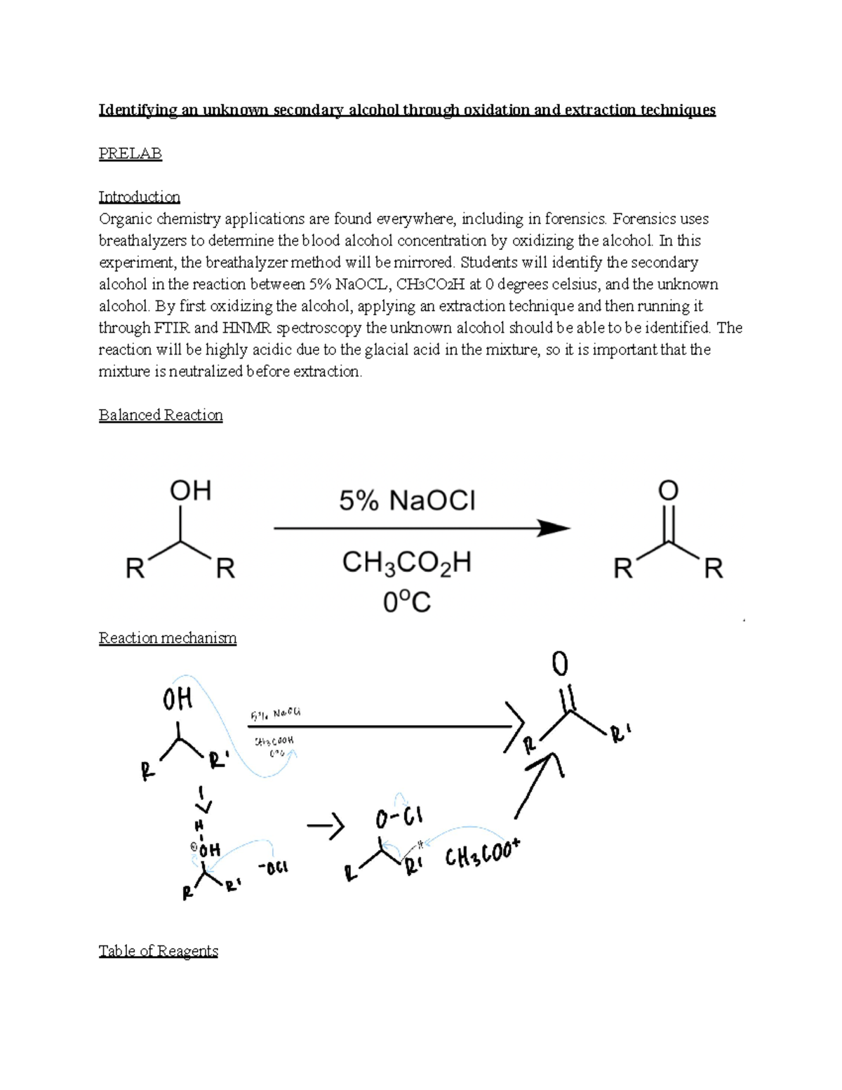 Experiment 1 Lab 1 Identifying an unknown secondary alcohol through