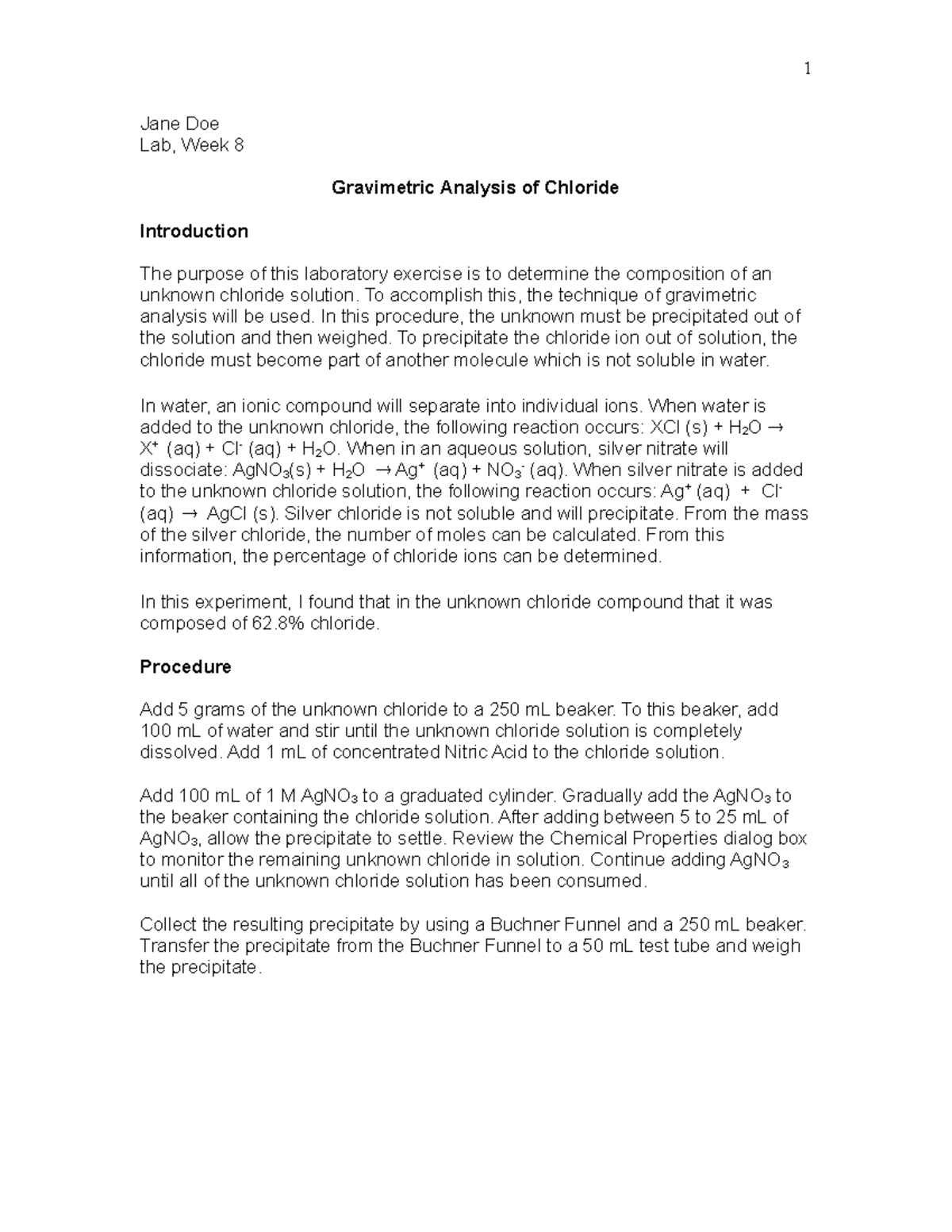 CHEM120 Jane Doe Sample Lab Report - 1 Jane Doe Lab, Week 8 Gravimetric ...