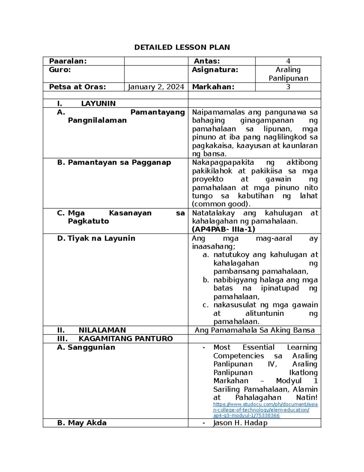 Detailed Lesson Plan Ap Grade 4 Detailed Lesson Plan Paaralan Antas 4 Guro Asignatura 3457