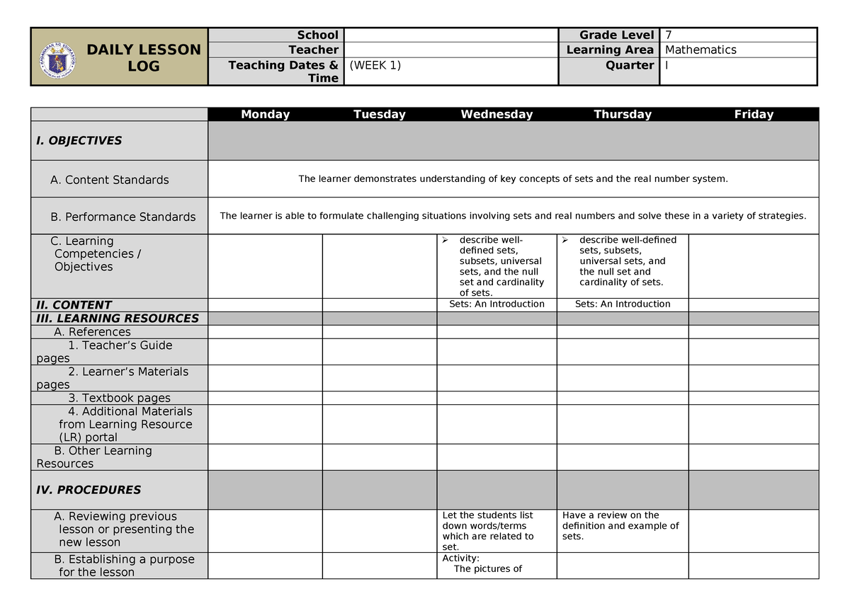 Sample Grade 7 DLL Q1W1 - Daily Lesson Log - DAILY LESSON LOG School ...