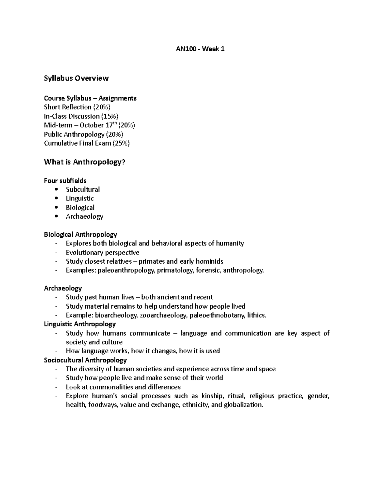 AN100 - Lectures Notes - Info - AN100 - Week 1 Syllabus Overview Course ...