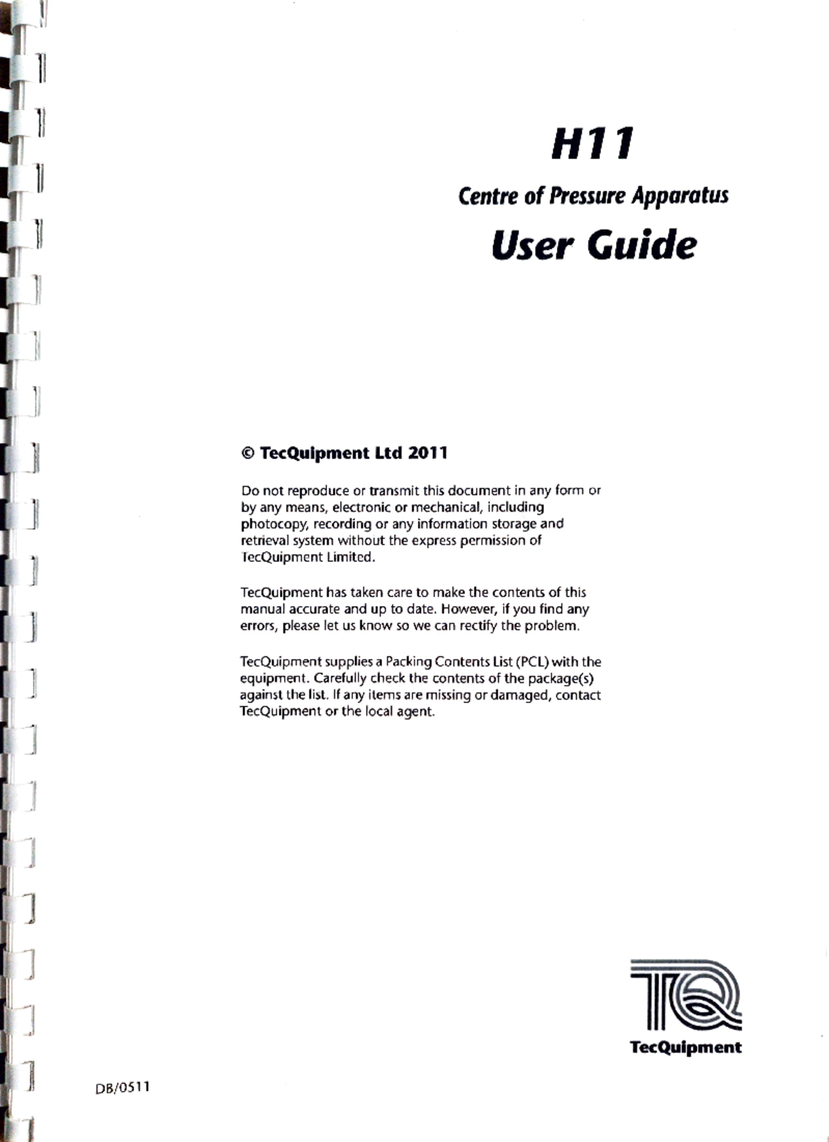 H11 Centre Of Pressure Apparatus - DB/ ©TecQuipment Ltd 2011 H Centre ...