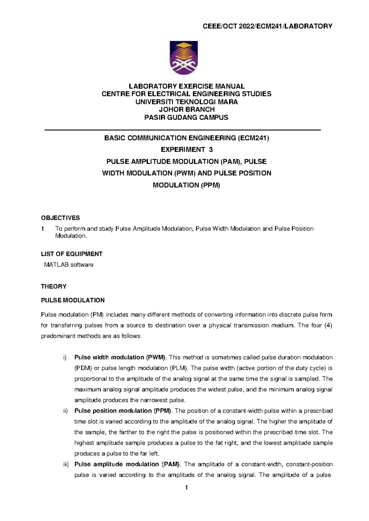 Exp Pulse Modulation Pam Pwm Muhammad Naim Bin Mansor Laboratory Exercise Manual Centre