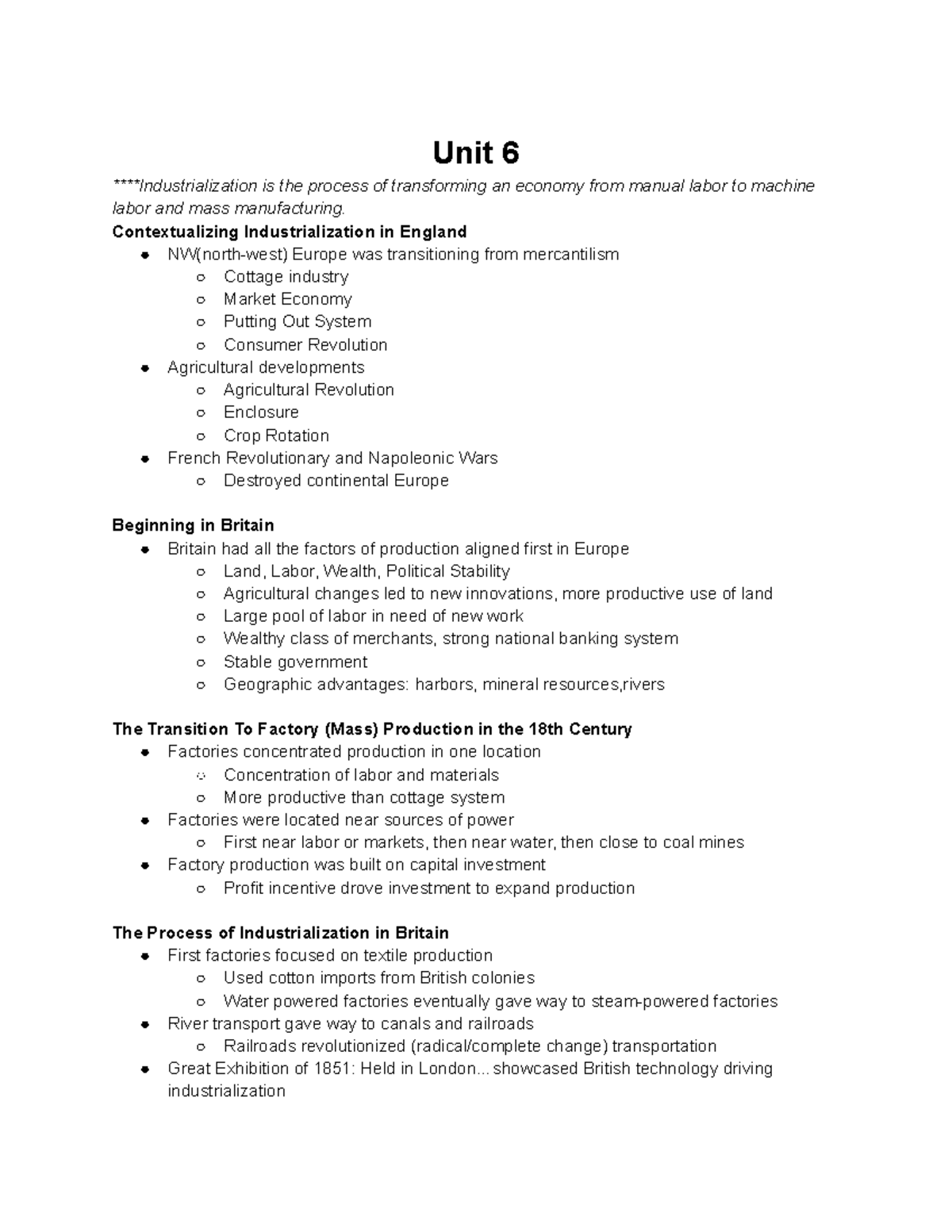 Ap Euro Unit 6 Notes - Unit 6 ****Industrialization is the process of ...