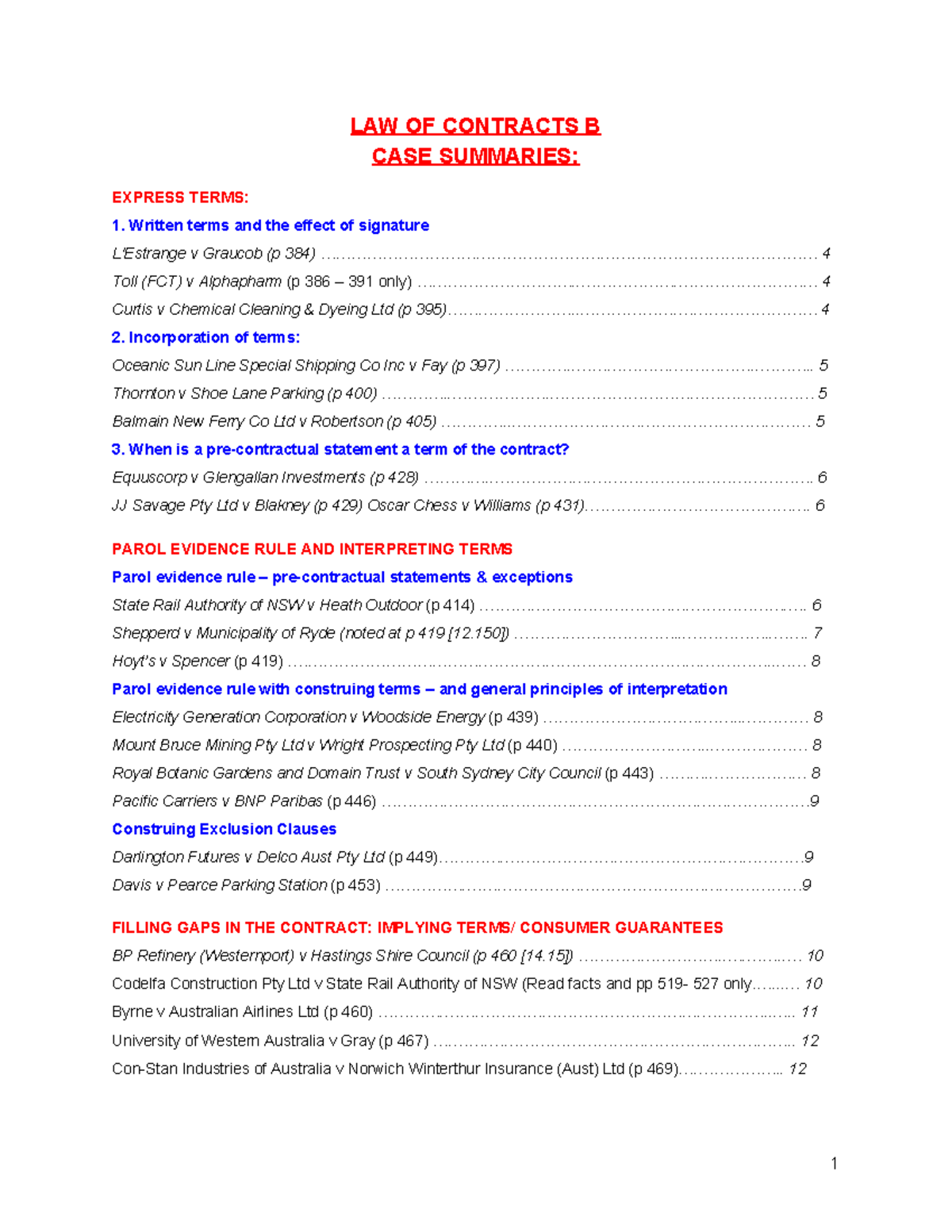 CASE Summaries - LAW OF CONTRACTS B CASE SUMMARIES: EXPRESS TERMS ...