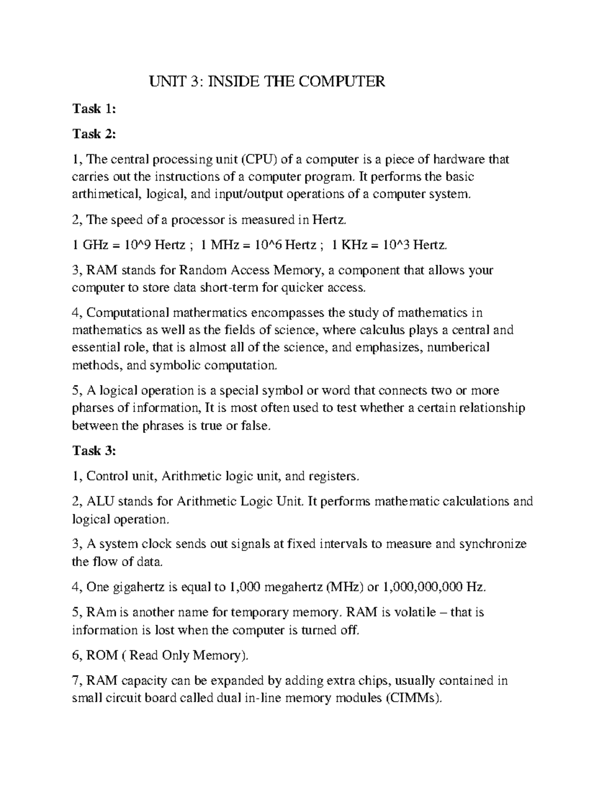 UNIT3 gdfgs UNIT 3 INSIDE THE COMPUTER Task 1 Task 2 1, The