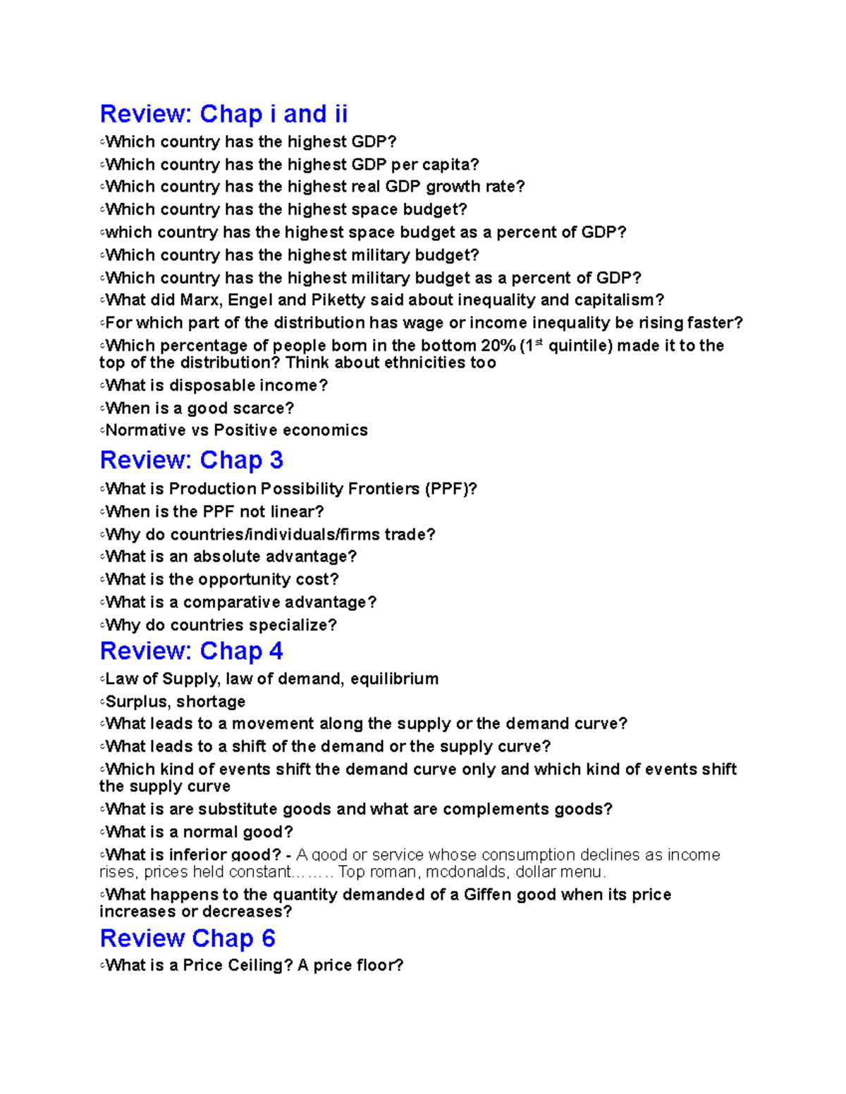 Econ Exam 1 Reviw - Review For Chapter Test - Review: Chap I And Ii ...