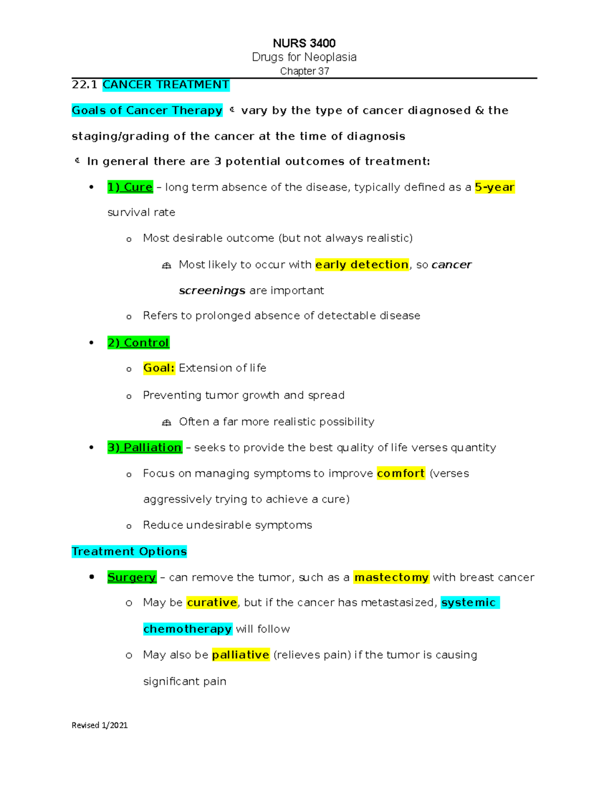 22.1 Cancer tx student outline - NURS 3400 Drugs for Neoplasia Chapter ...