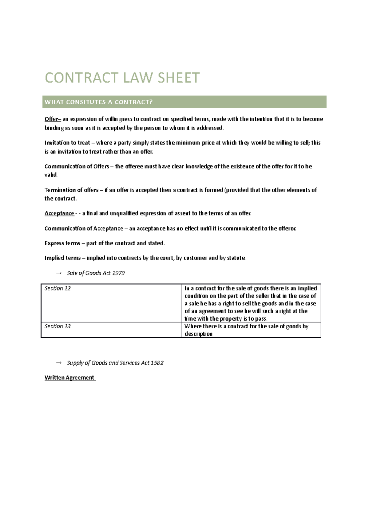 Contract LAW Sheet - CONTRACT LAW SHEET WHAT CONSITUTES A CONTRACT ...