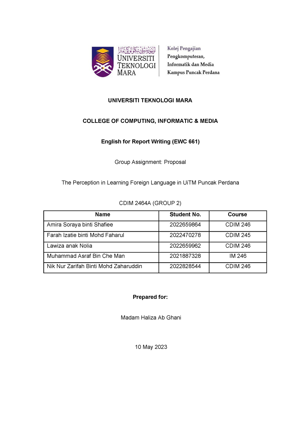 EWC661 Proposal For Questionnare - UNIVERSITI TEKNOLOGI MARA COLLEGE OF ...