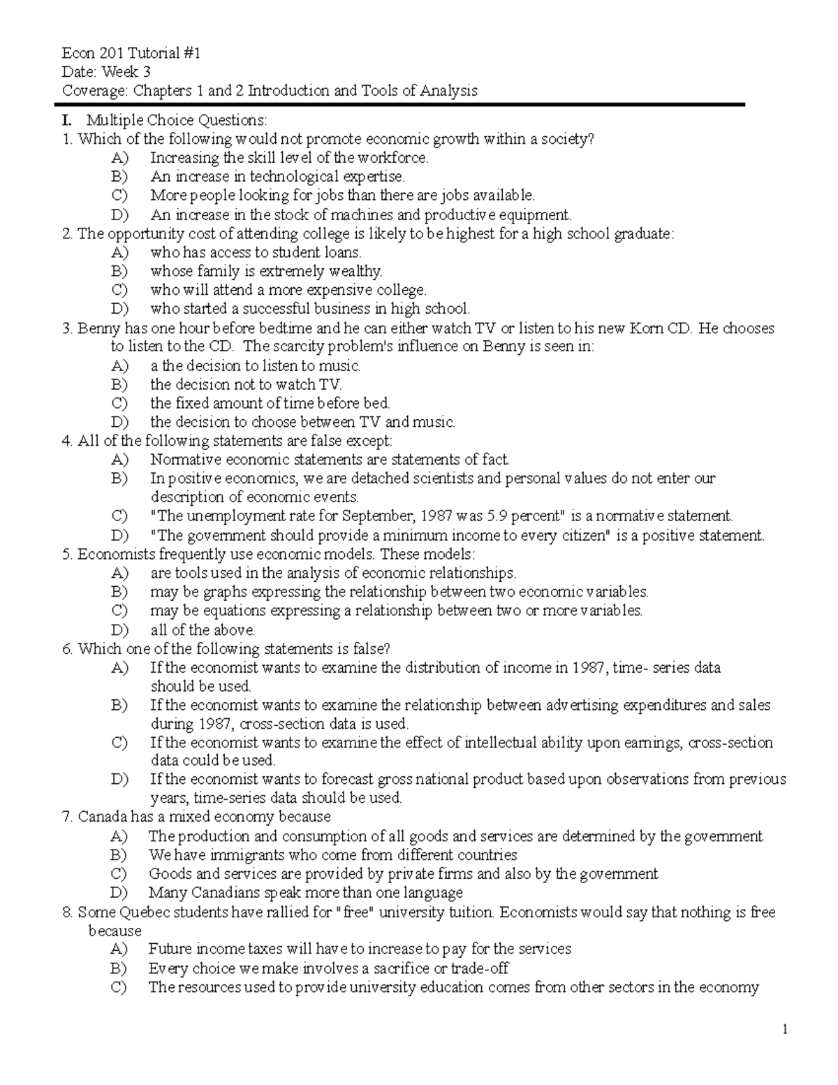 ECON201 - Midterm 2017 With Answers - Econ 201 Tutorial # Date: Week 3 ...