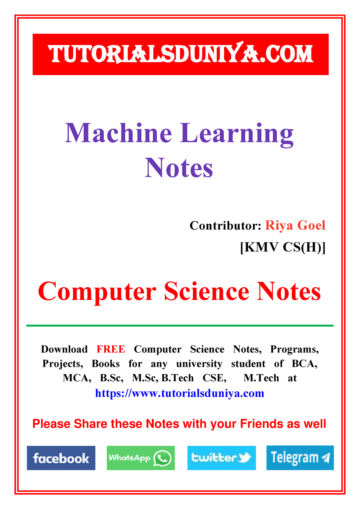 Machine Learning Notes - Tutorials Duniya - Download FREE Computer ...