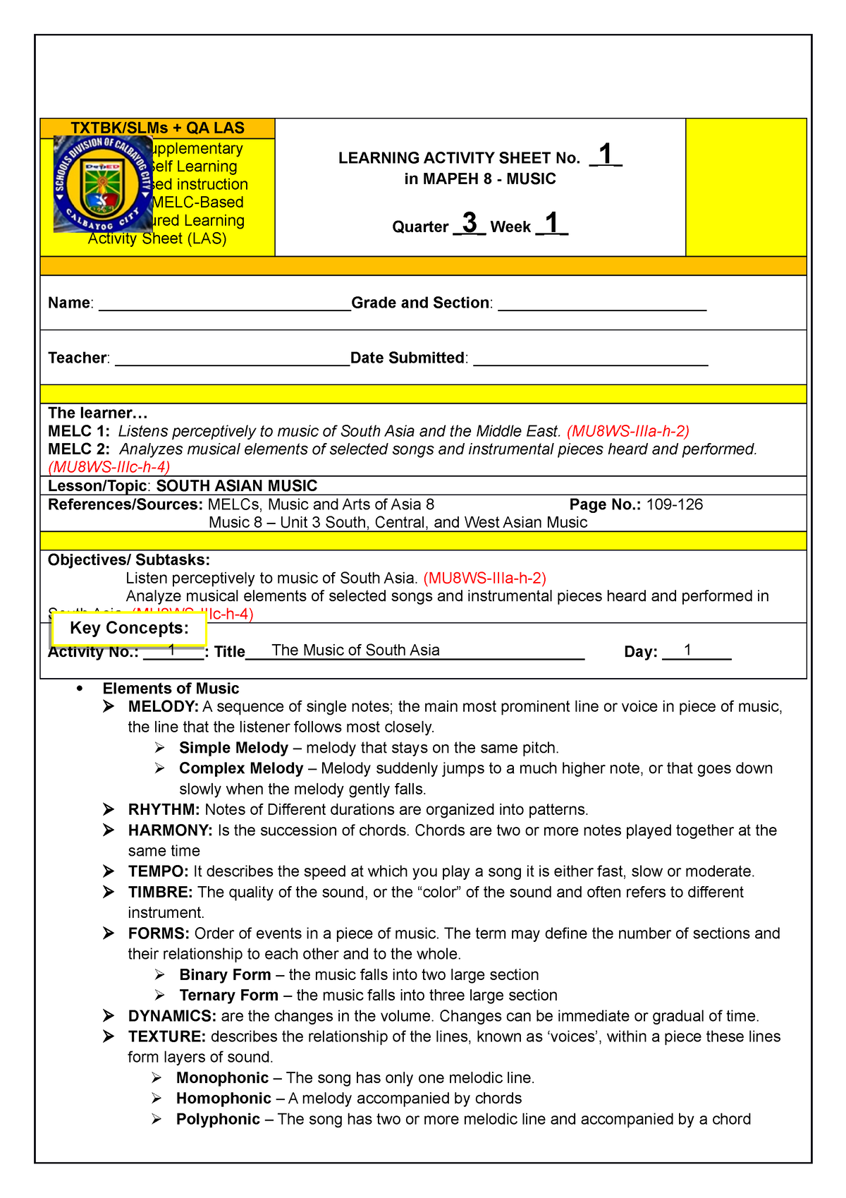 grade 8 music assignment