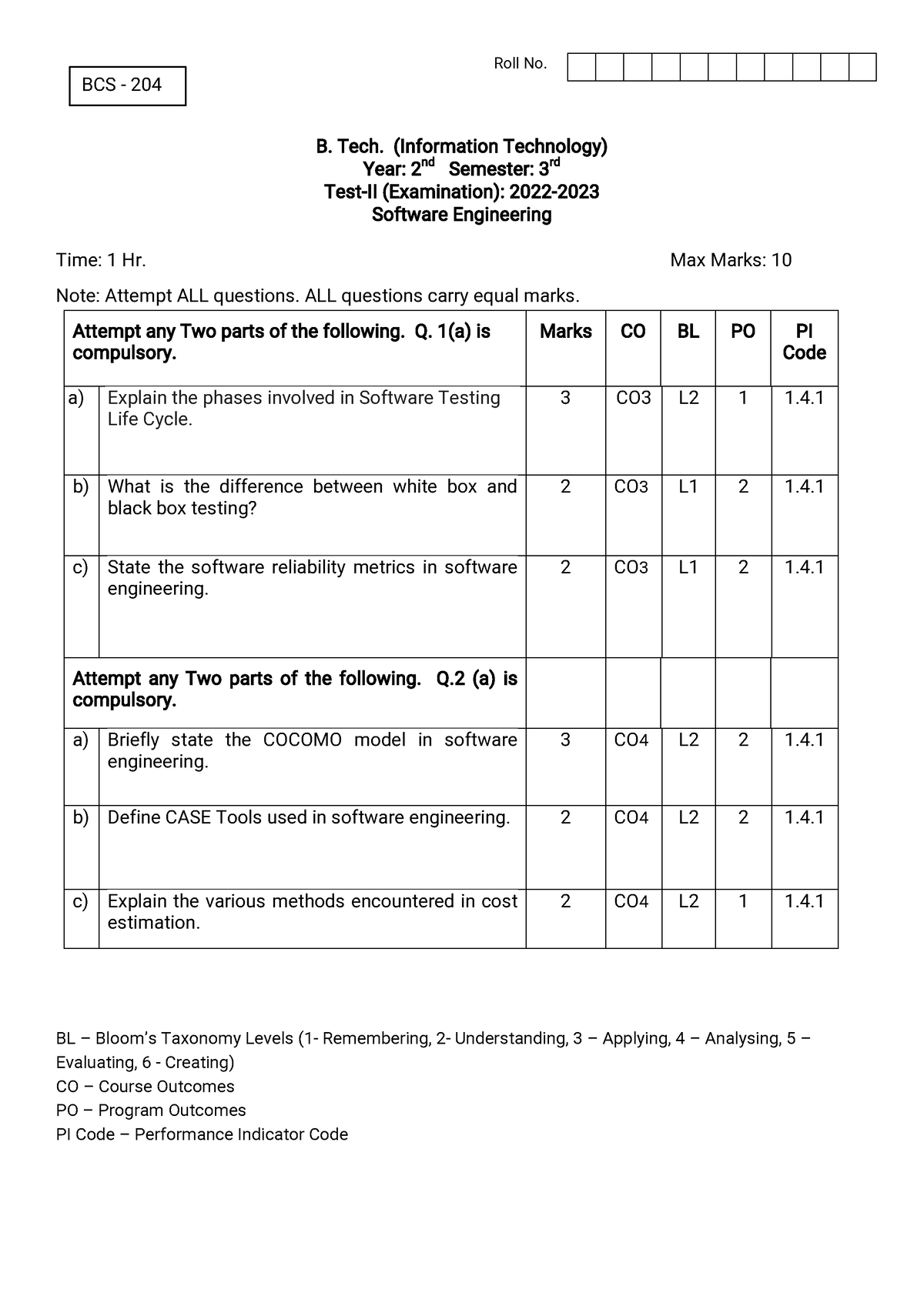 BIT 204 Test 2 - B. Tech. (Information Technology) Year: 2 Nd Semester ...