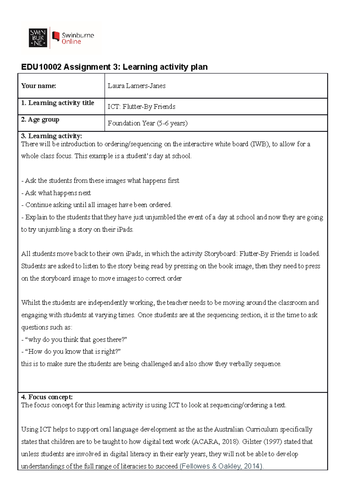 Assignment 3 - Essay - EDU10002 Assignment 3: Learning activity plan ...
