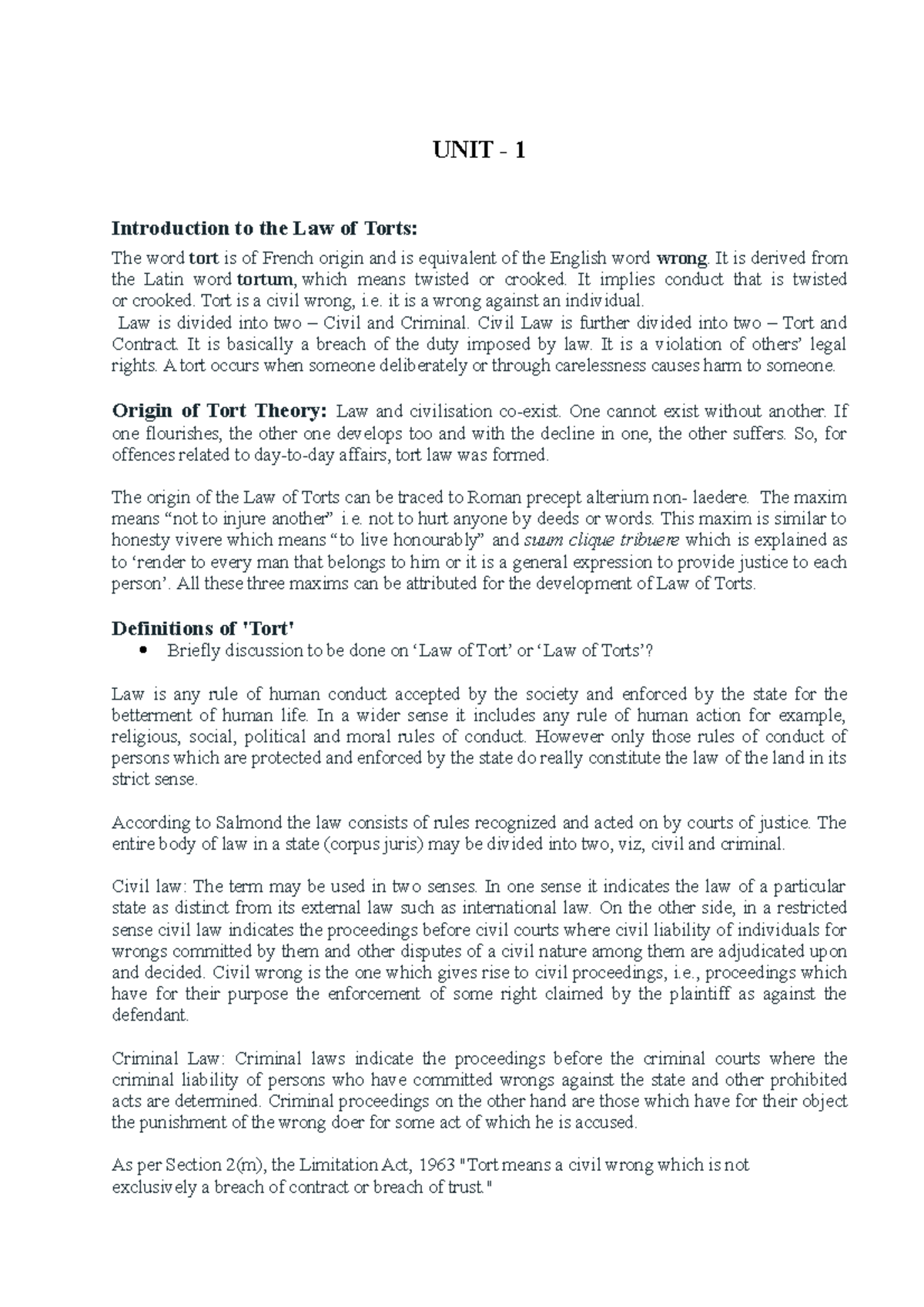 Tort (Uni 1)Law of Torts Introduction - UNIT - 1 Introduction to the ...