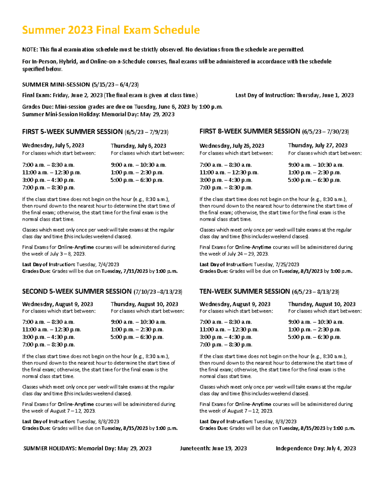 Summer2023 FinalExamSchedule Summer 2023 Final Exam Schedule NOTE