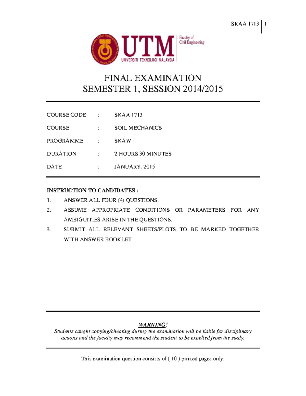 Exam January 2015, questions - SKAA 1713 1 FINAL EXAMINATION SEMESTER 1 ...