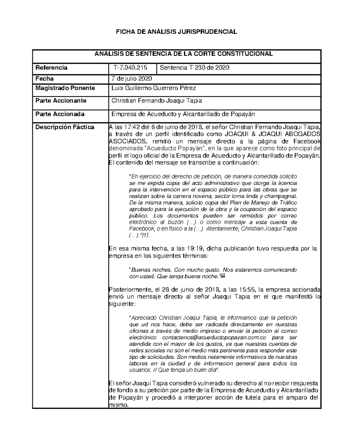 Análisis Sentencia T 230 DE 2020 de la Corte Constitucional - FICHA DE