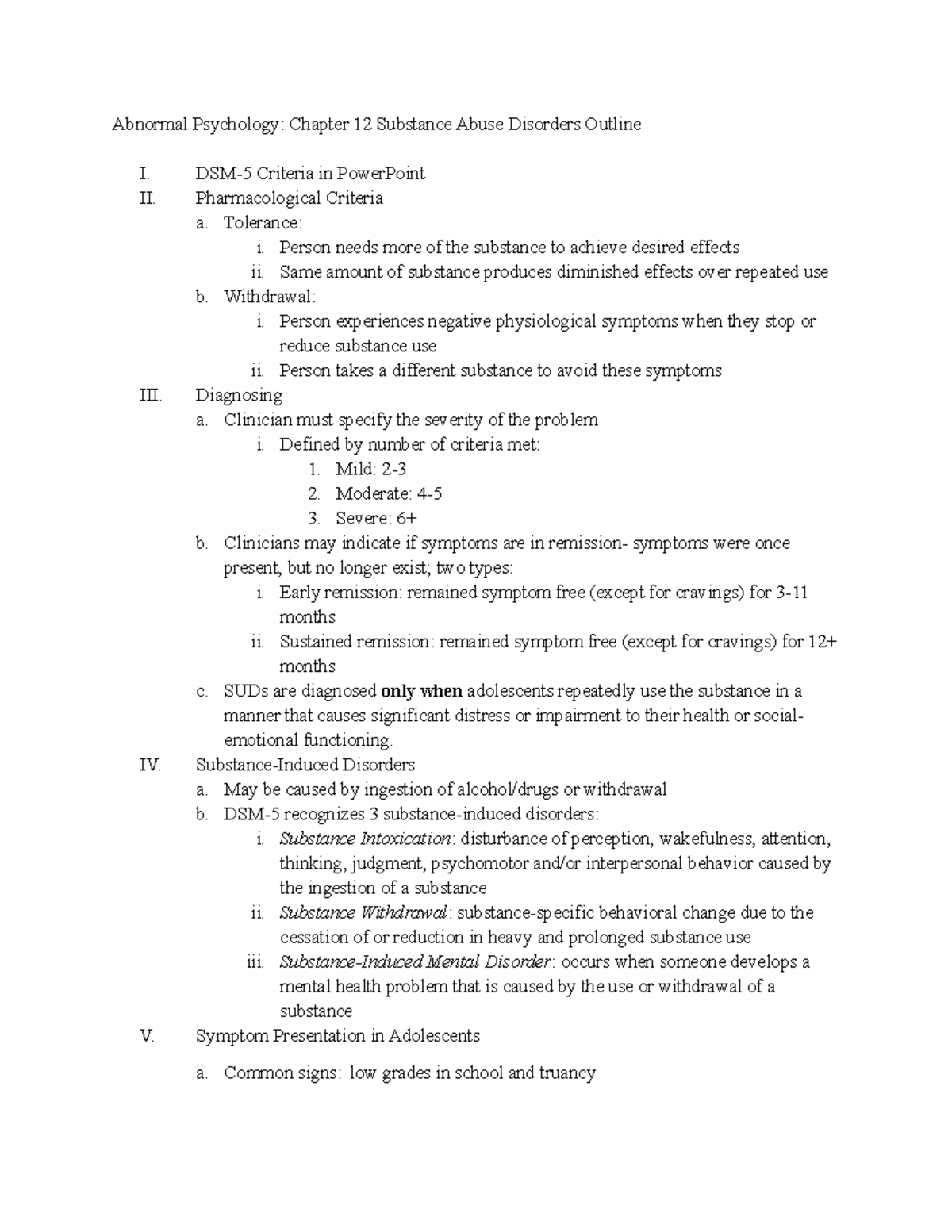 Abnormal Psychology- Chapter 12 Substance Abuse Disorders Outline - DSM ...