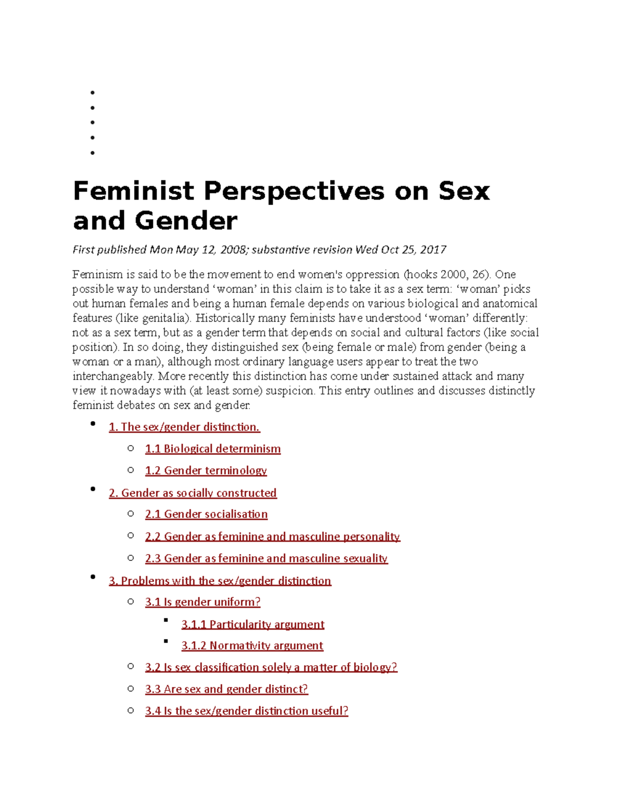 Stanford On Feminism Theory And Practice - Feminist Perspectives On Sex ...