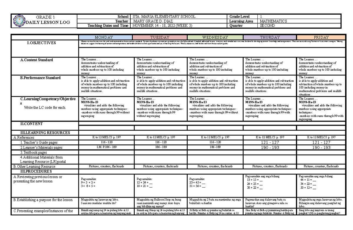 Q2 MATH-DLL-Nov - DLL - GRADE 1 DAILY LESSON LOG School STA. MARIA ...