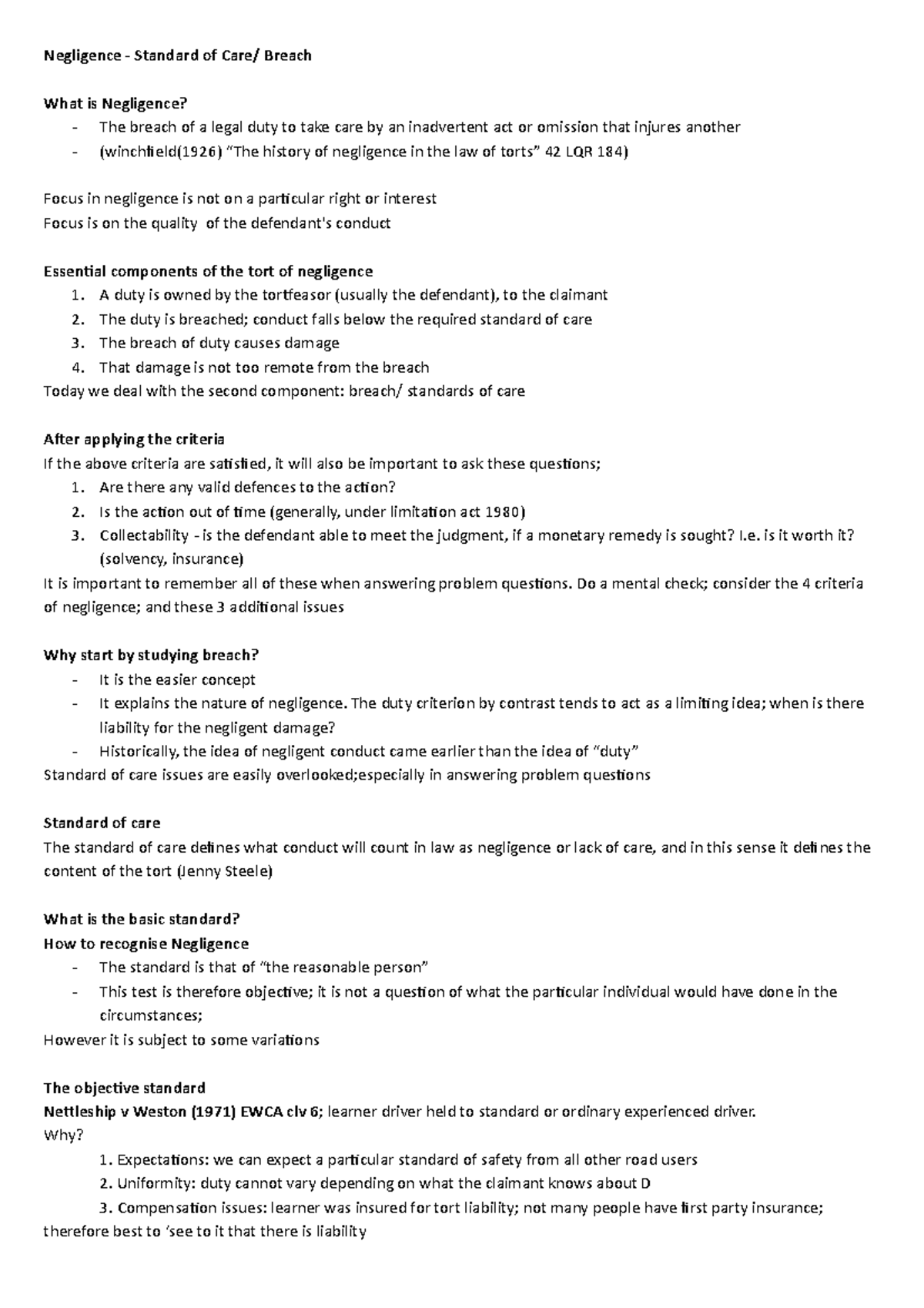 Standard of care - Tort Law lecture notes semester 1 19/20 - Negligence ...