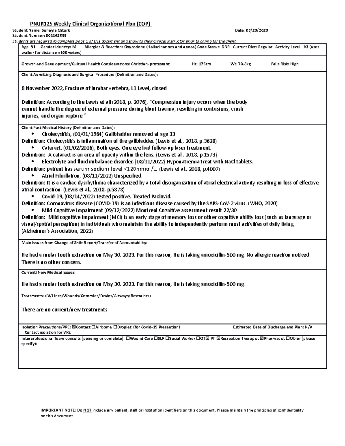 S23 Weekly Clinical Organizational Plan Template - PNUR125 Weekly ...