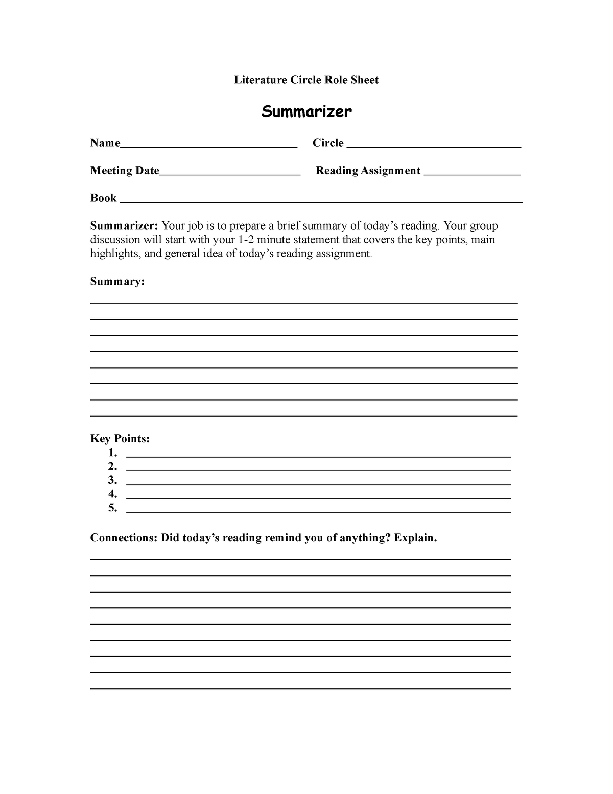 Literary Circle Role Sheets Literature Circle Role Sheet Summarizer