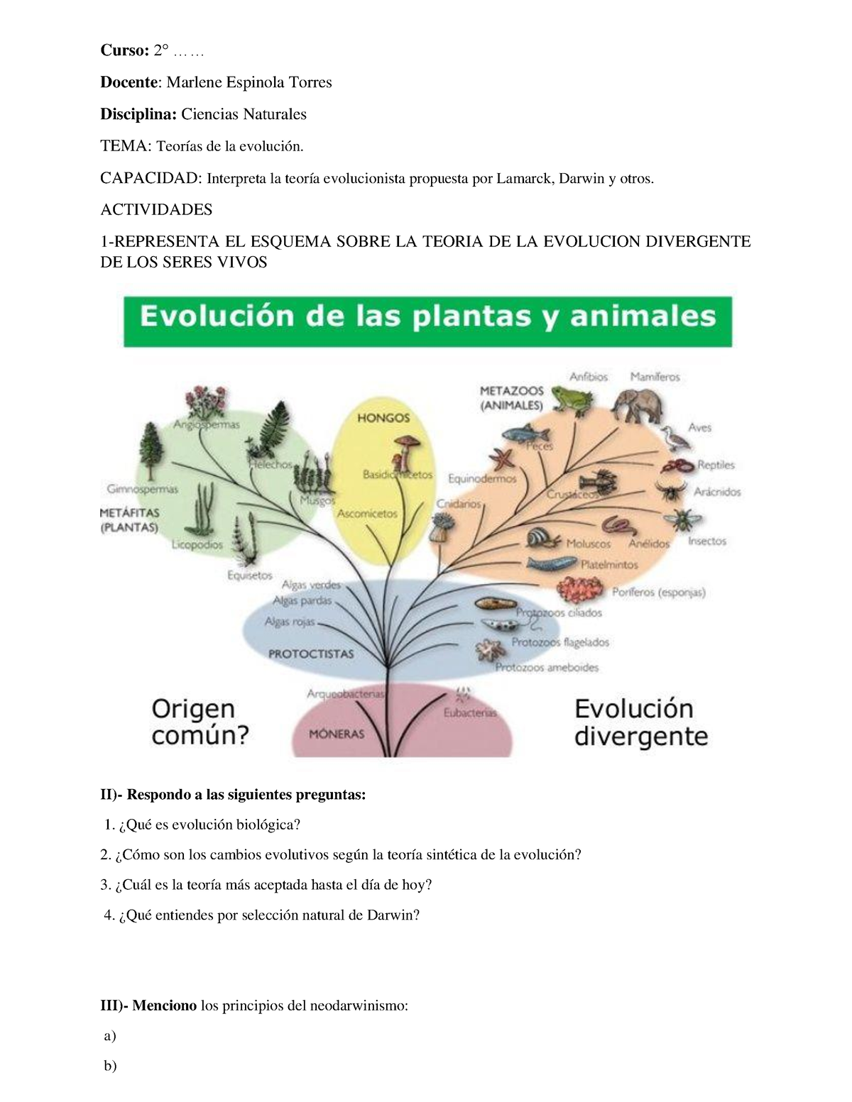 Teorias DE LA Evolucion-A2 - Curso: 2° ...... Docente: Marlene Espinola ...