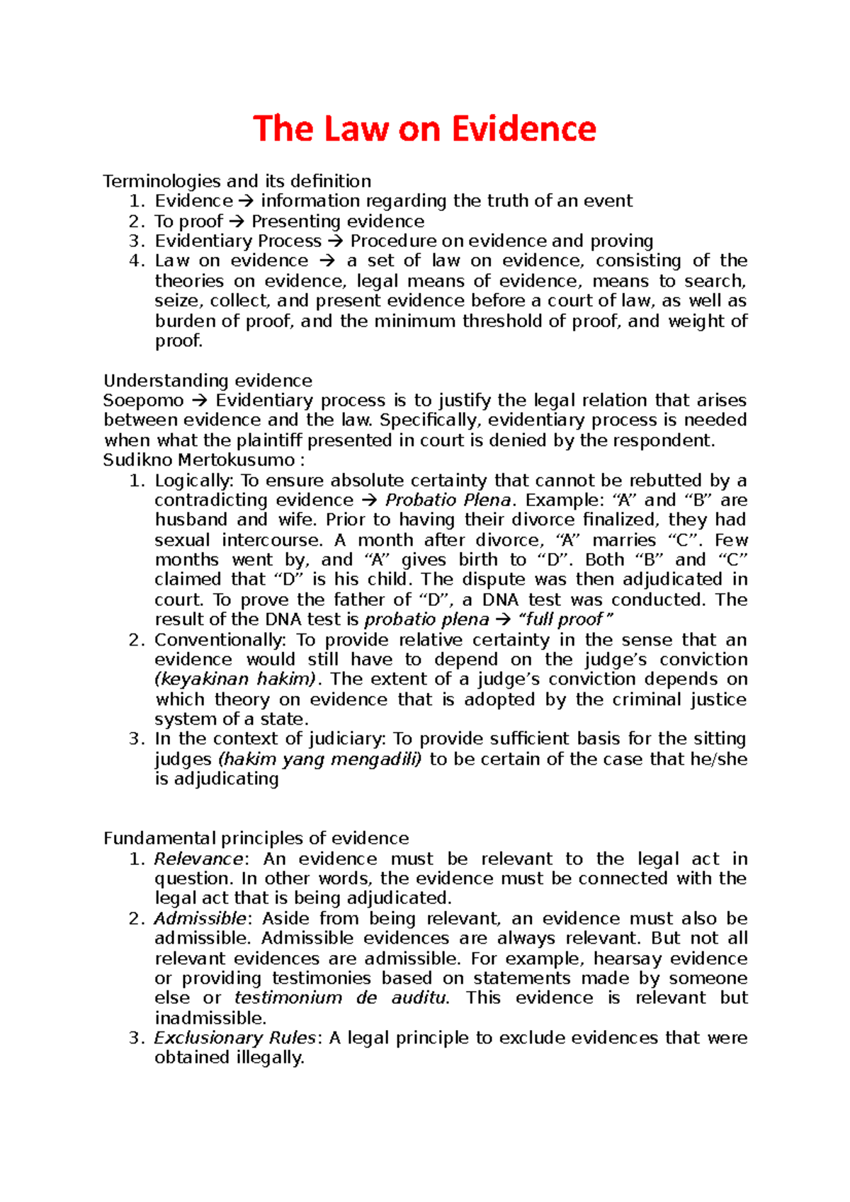 Law on Evidence Lecture notes 68 The Law on Evidence Terminologies