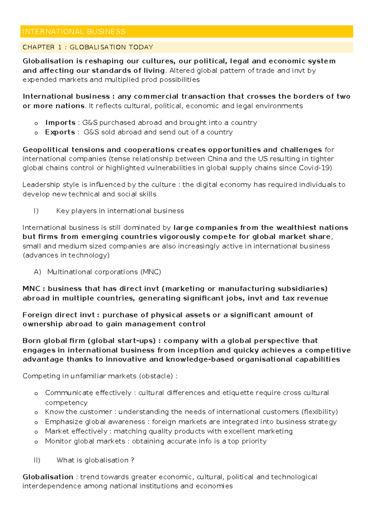 Fiche international business - INTERNATIONAL BUSINESS CHAPTER 1 ...