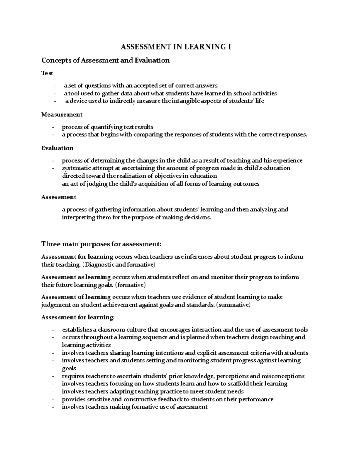 Assessment reviewer - Asdfgh - ASSESSMENT IN LEARNING I Concepts of ...