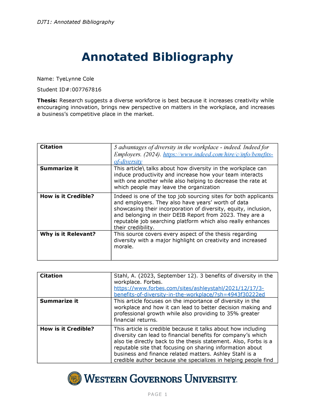 Task 1 Template - Annotated Bibliography Name: TyeLynne Cole Student ID ...