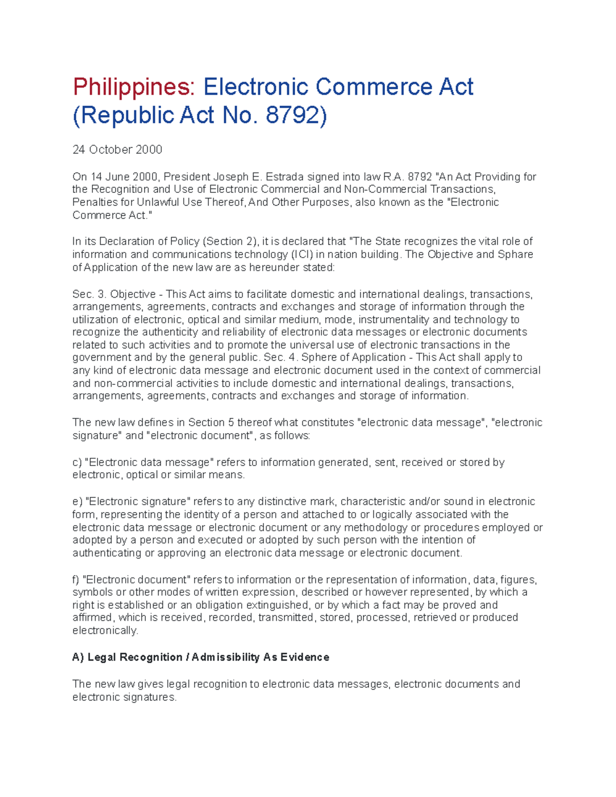 a ry lecture Philippines Electronic Commerce Act