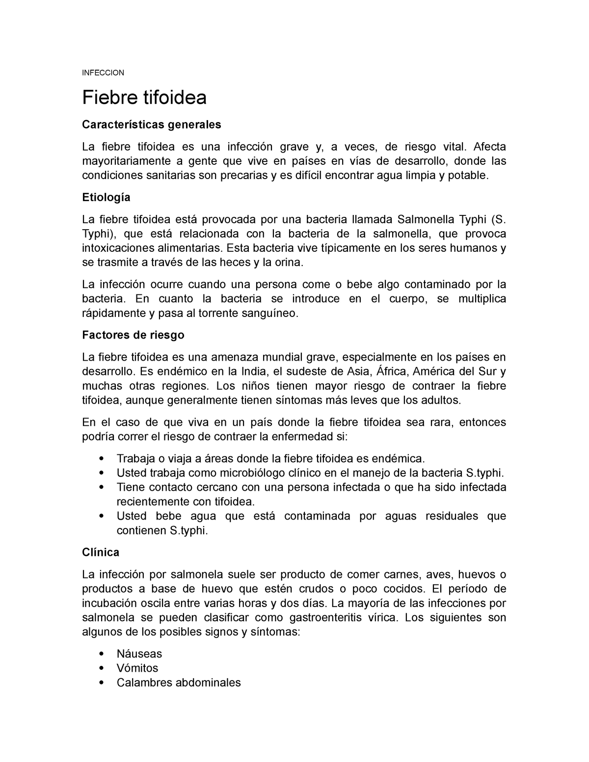 Infeccion Resumen Sobre Algunas Enfermedades Infeccion Fiebre Tifoidea Generales La Fiebre Tifoidea Es Una Grave Veces De Riesgo Vital Afecta Mayoritariamente Studocu