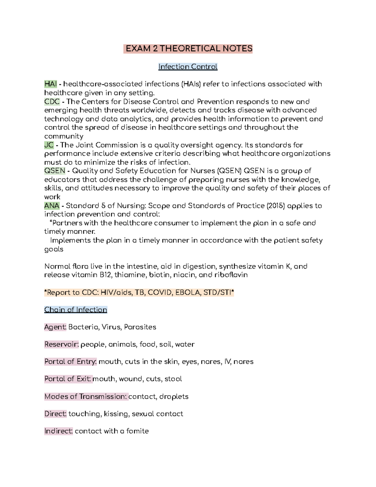 EXAM 2 Theoretical Notes - EXAM 2 THEORETICAL NOTES Infection Control ...