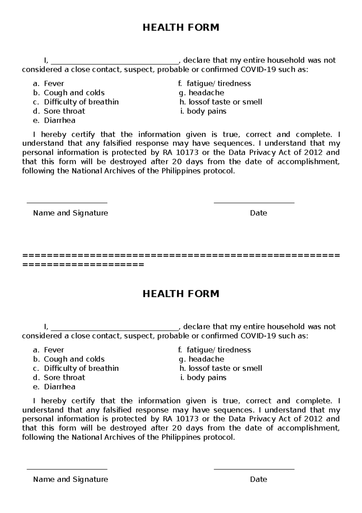 Health FORM 2 - distance modular learning - HEALTH FORM I