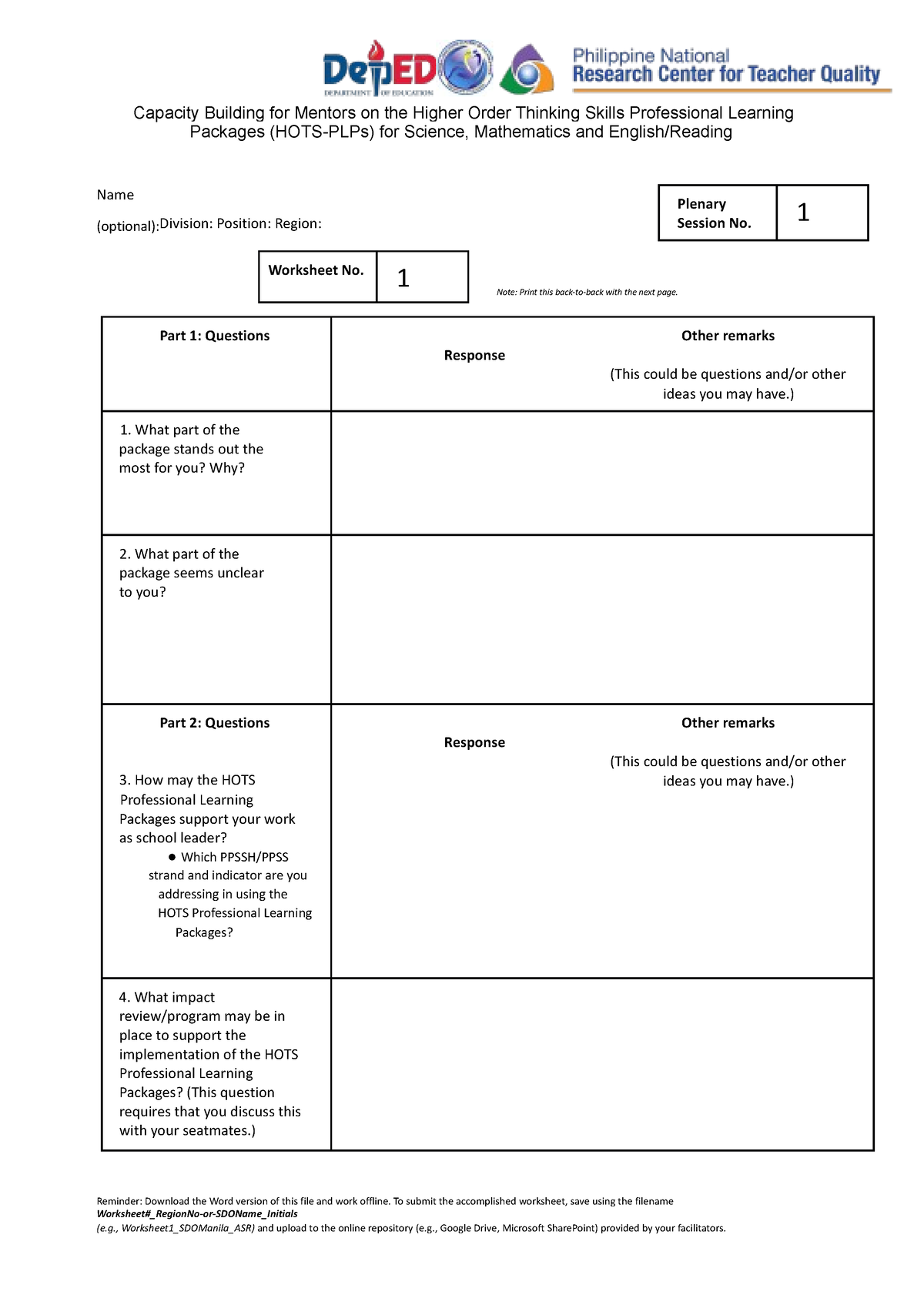 Worksheet-1 - None - Capacity Building for Mentors on the Higher Order ...