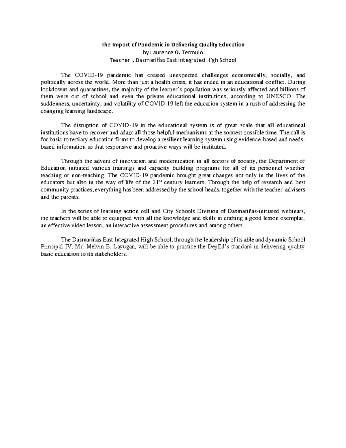 The Impact of Pandemic in Delivering Quality Education - Termulo ...