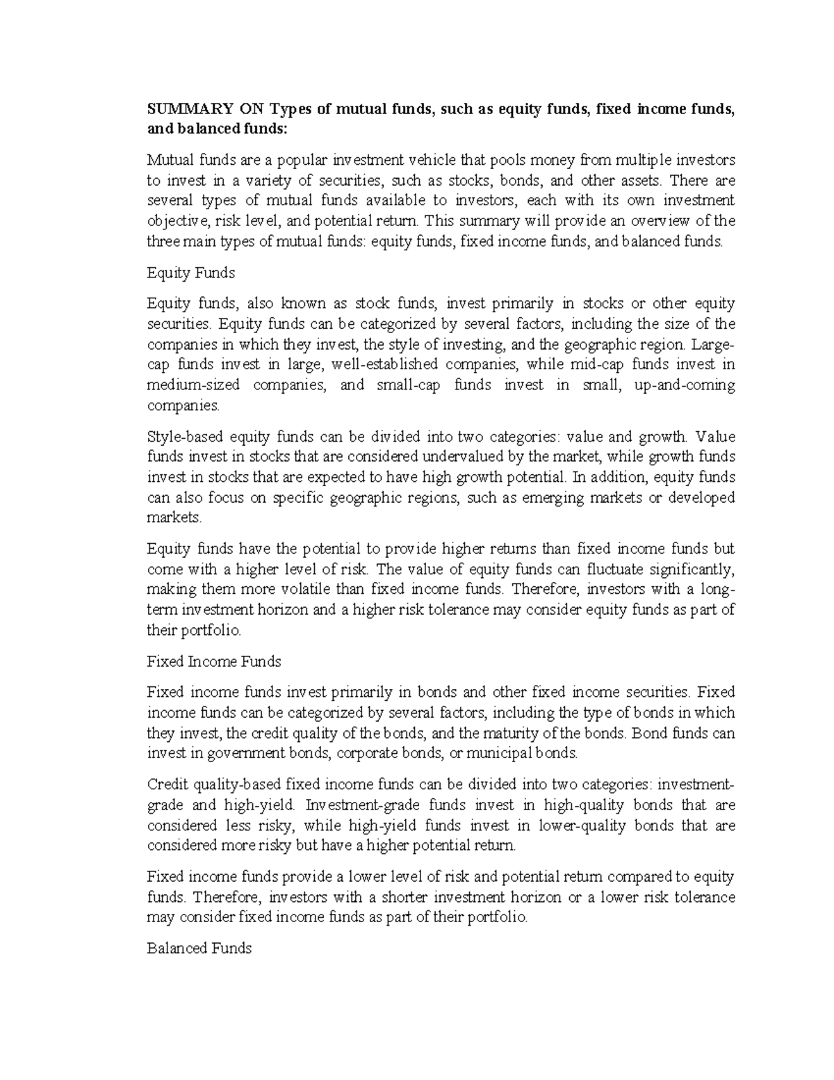 Summary ON Types Of Mutual Funds Such As Equity Funds Fixed Income summary-on-types-of-mutual-funds-such-as-equity-funds-fixed-income